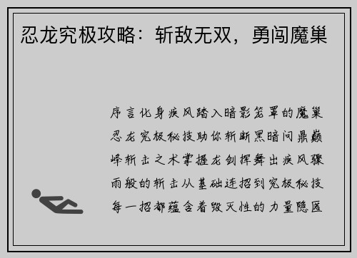 忍龙究极攻略：斩敌无双，勇闯魔巢