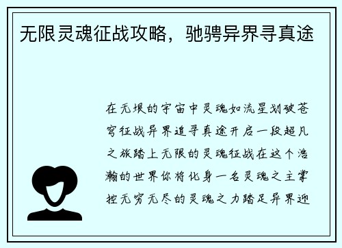 无限灵魂征战攻略，驰骋异界寻真途
