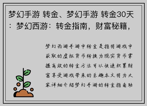 梦幻手游 转金、梦幻手游 转金30天：梦幻西游：转金指南，财富秘籍，轻松致富