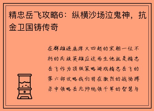 精忠岳飞攻略6：纵横沙场泣鬼神，抗金卫国铸传奇