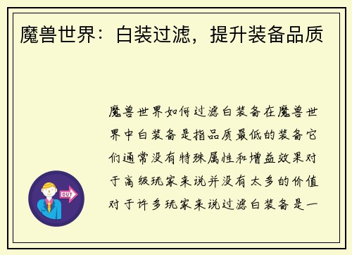 魔兽世界：白装过滤，提升装备品质